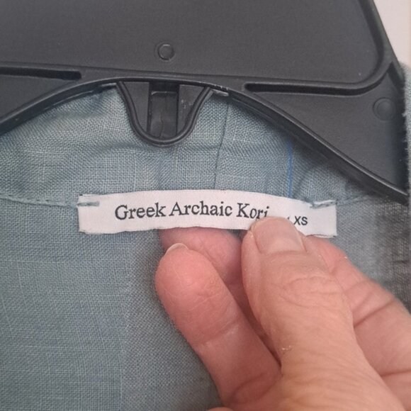 Greek Arcaic Kori Seafoam Color Linen Dress Gold Embroidery szXS missing  sash - Picture 3 of 12